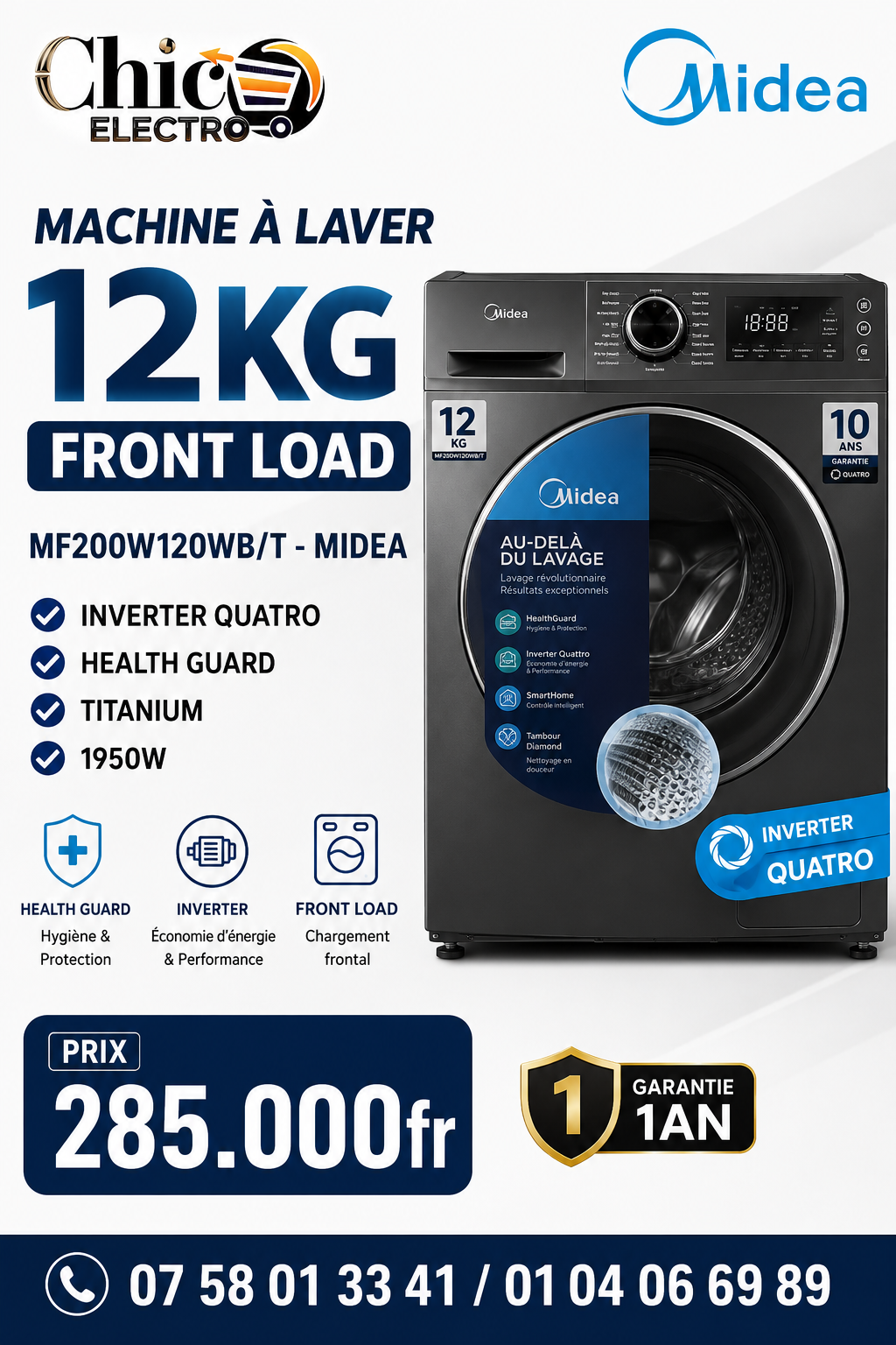 MACHINE À LAVER AUTOMATIQUE MIDEA 12KG INVERTER