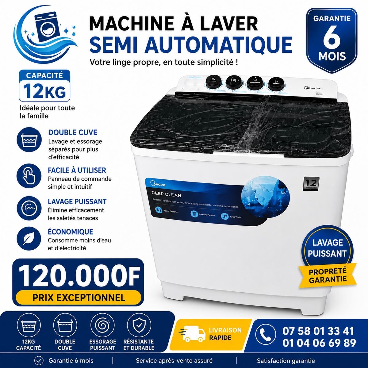 MACHINE À LAVER SEMI AUTOMATIQUE MIDEA 12KG