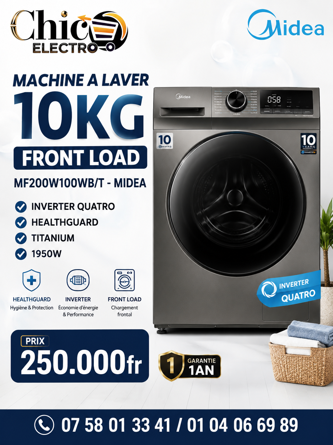 MACHINE À LAVER MIDEA AUTOMATIQUE 10KG INVERTER